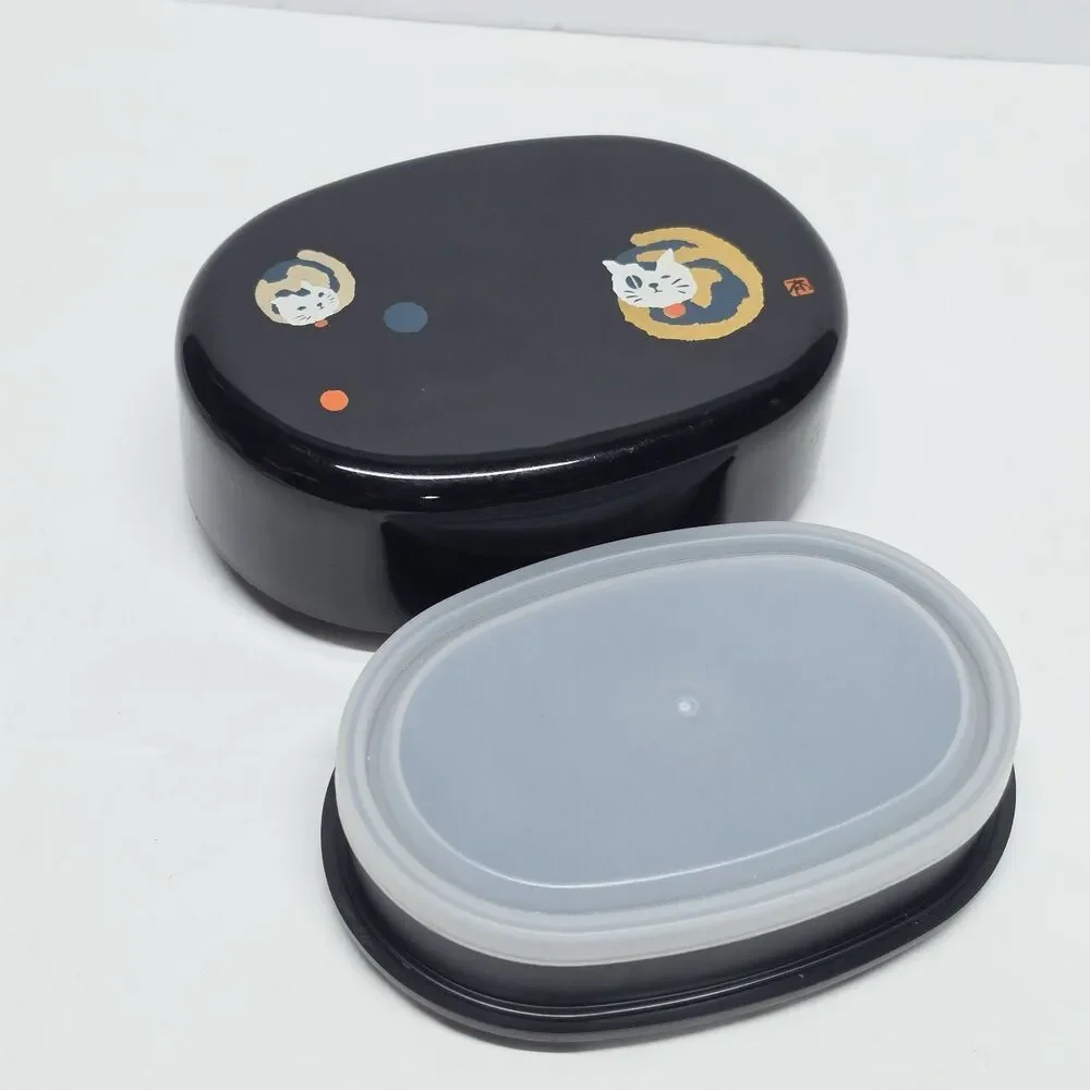 Kotobuki 2-tiered Bento Lunch Black Box Cat Theme NEW with Imperfections